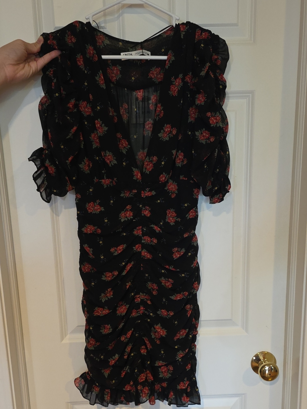 Zara Black Midi Dress with Red Floral Print